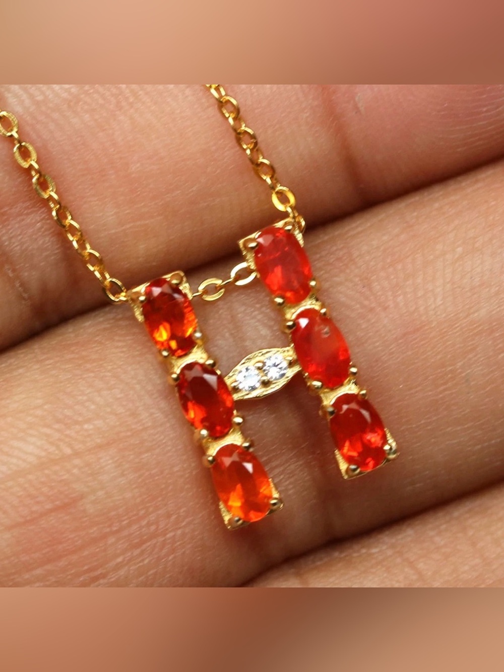 Natural Orange Fire Opal “H” Initial 18K Gold over 925 SS Pendant Necklace 20”